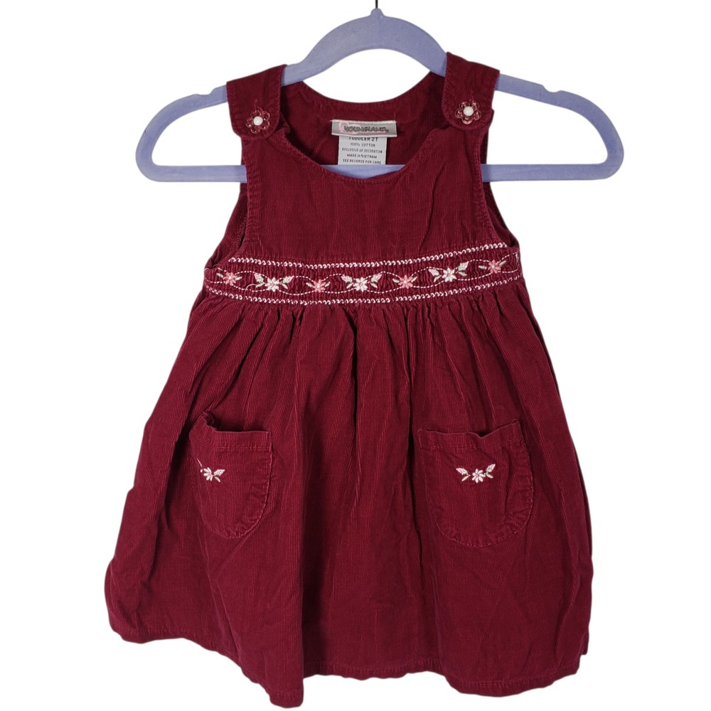Youngland‎ Toddler Girl Corduroy Dress 2T Red Sleeveless Floral Pockets
